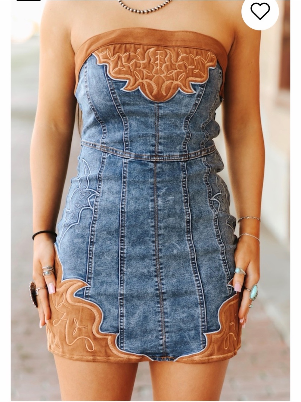 Lucky & Blessed Strapless Denim Mini Dress with Tan Embroidery